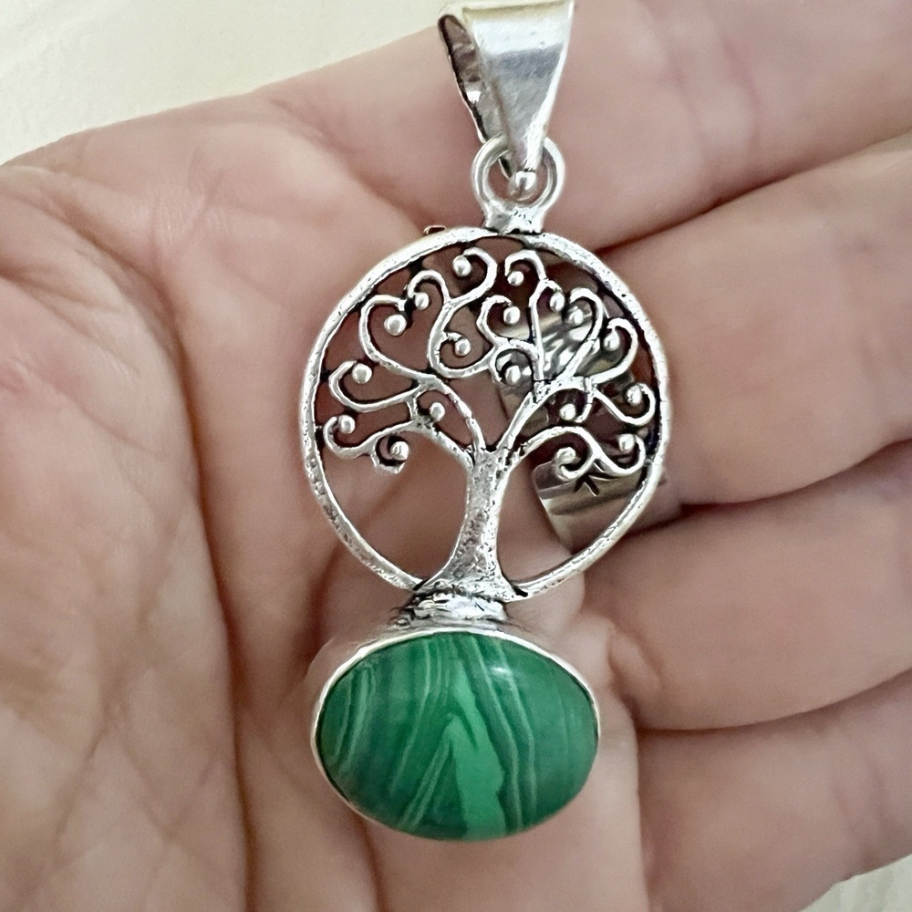 925 Sterling Silver Malachite Necklace Tree of Life gemstone Womens jewelry - Picture 6 of 9